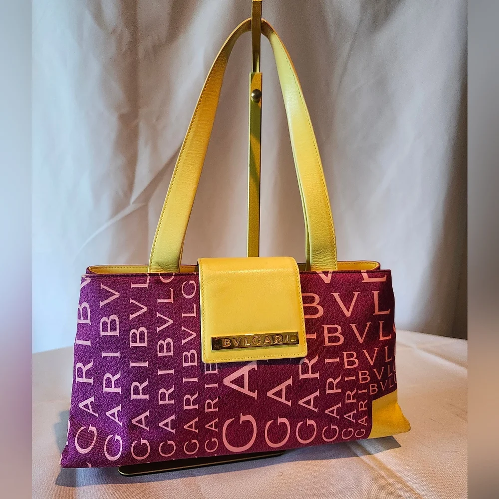 Bvlgari Logo Canvas & Leather Shoulder Bag Purple & Yellow Bulgari - Picture 1 of 16